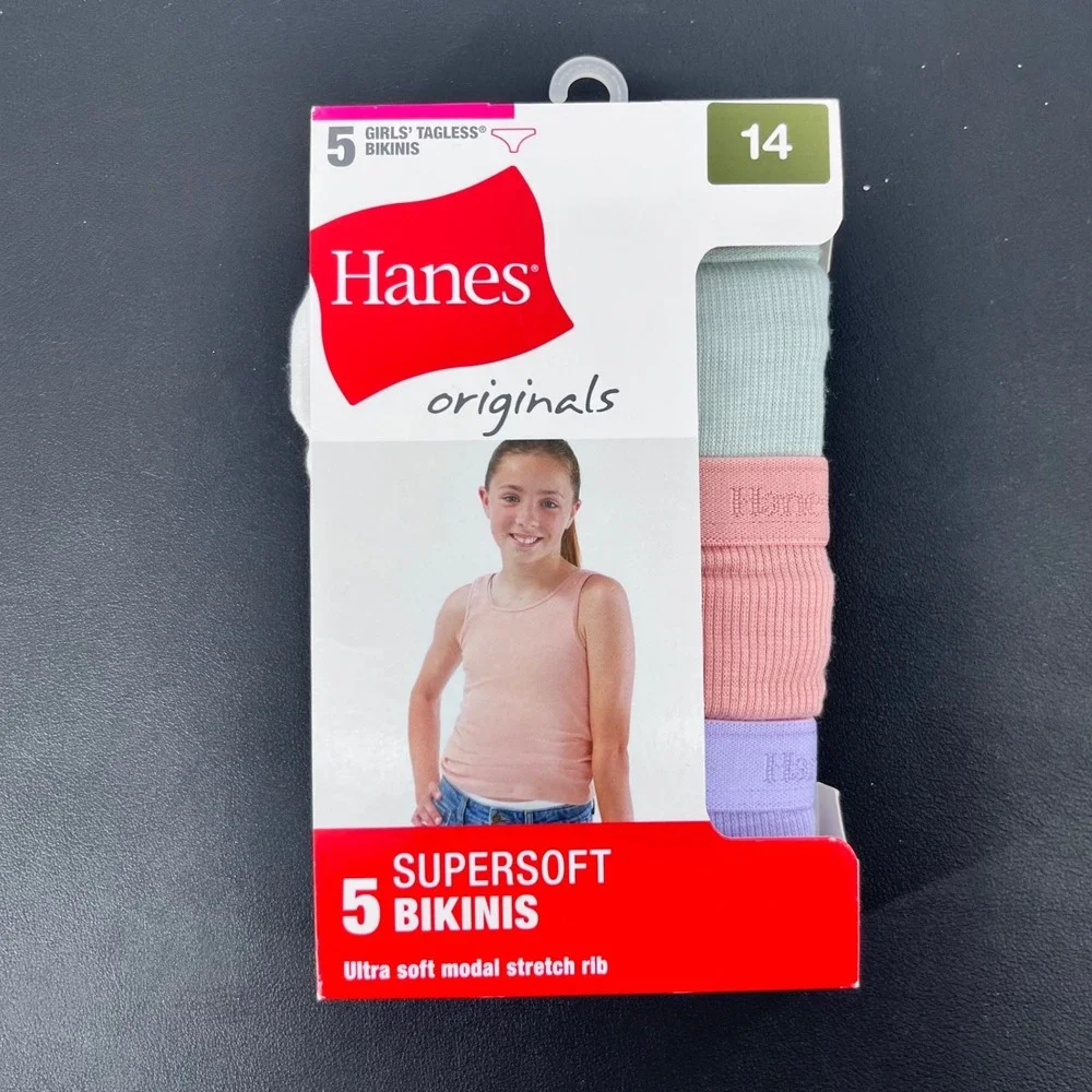 Hanes Originals Supersoft Girls Bikini 5 Pack Multicolor Size 14 Stretch Rib NEW